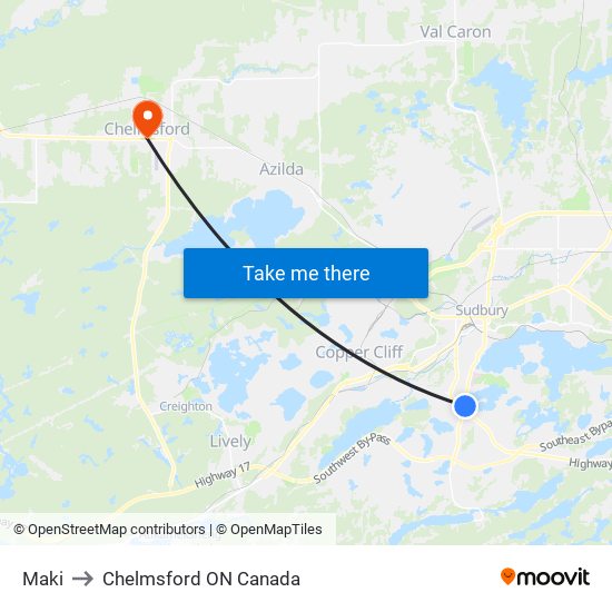 Maki to Chelmsford ON Canada map