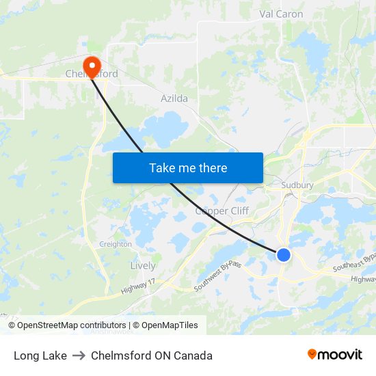 Long Lake to Chelmsford ON Canada map