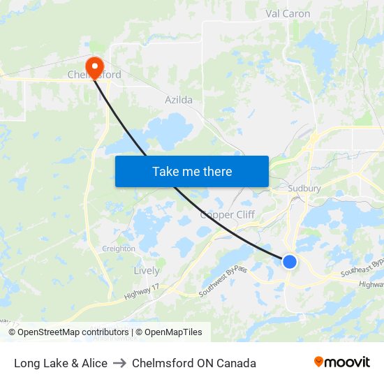Long Lake & Alice to Chelmsford ON Canada map