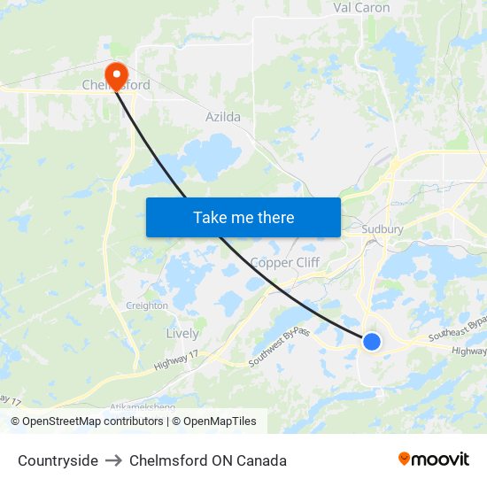 Countryside to Chelmsford ON Canada map