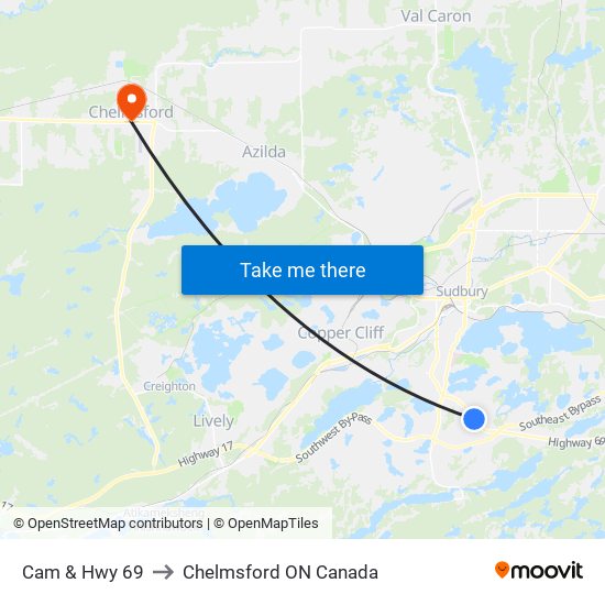 Cam & Hwy 69 to Chelmsford ON Canada map