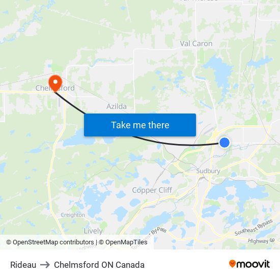 Rideau to Chelmsford ON Canada map