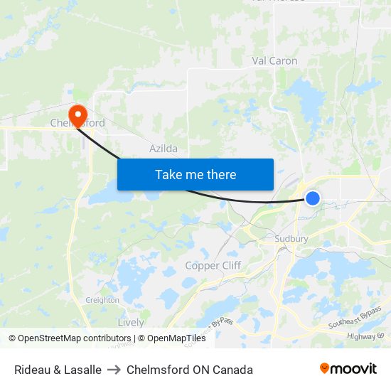 Rideau & Lasalle to Chelmsford ON Canada map