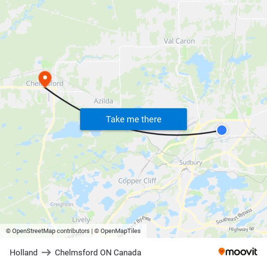 Holland to Chelmsford ON Canada map