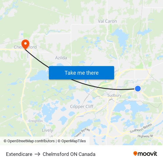 Extendicare to Chelmsford ON Canada map