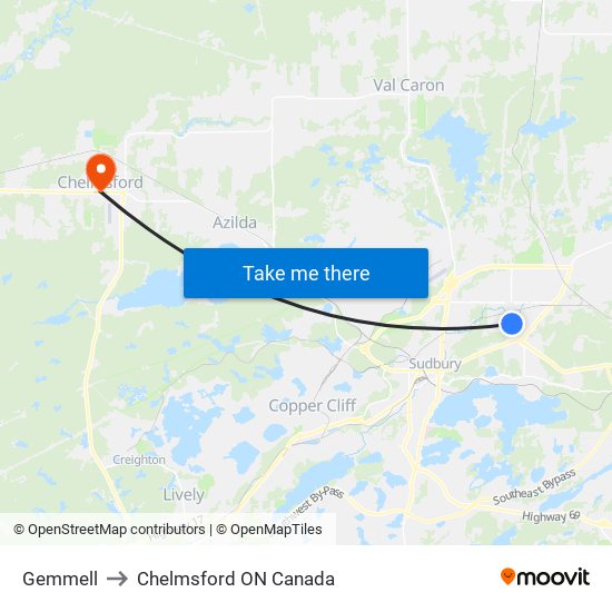 Gemmell to Chelmsford ON Canada map