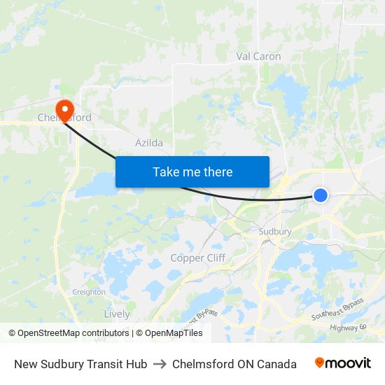 New Sudbury Transit Hub to Chelmsford ON Canada map