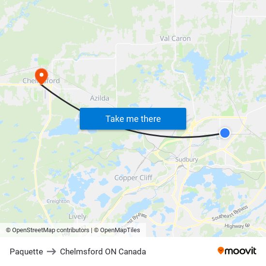 Paquette to Chelmsford ON Canada map