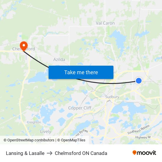 Lansing & Lasalle to Chelmsford ON Canada map