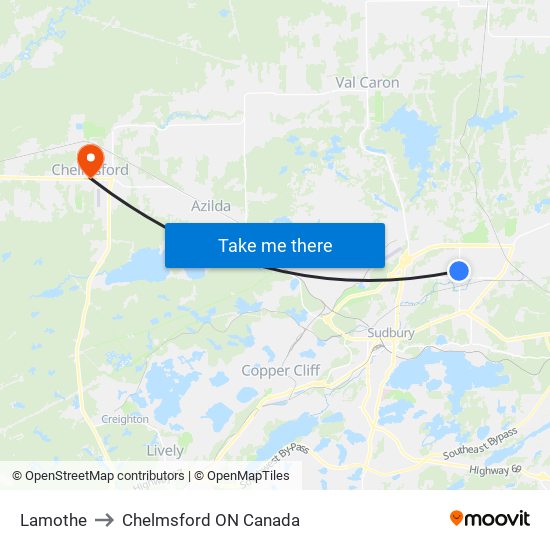 Lamothe to Chelmsford ON Canada map