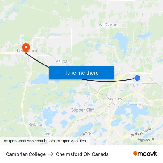 Cambrian College to Chelmsford ON Canada map