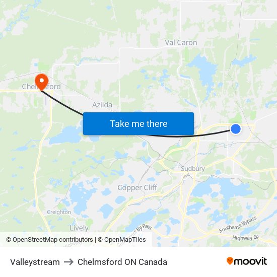 Valleystream to Chelmsford ON Canada map