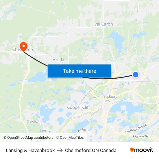 Lansing & Havenbrook to Chelmsford ON Canada map