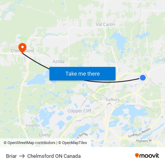 Briar to Chelmsford ON Canada map