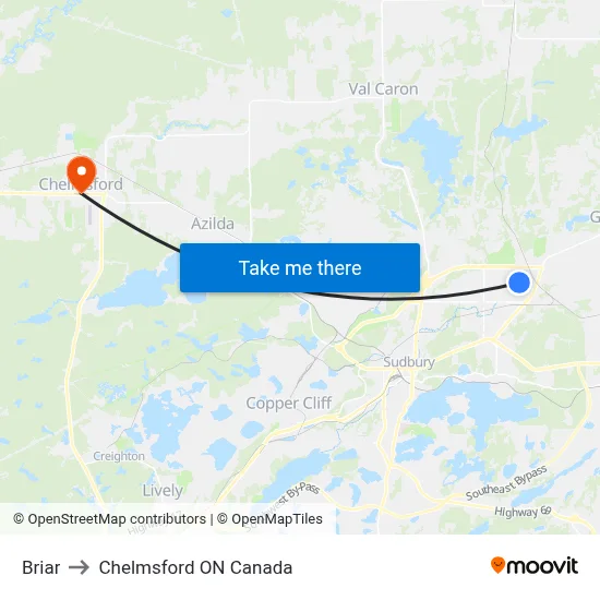 Briar to Chelmsford ON Canada map
