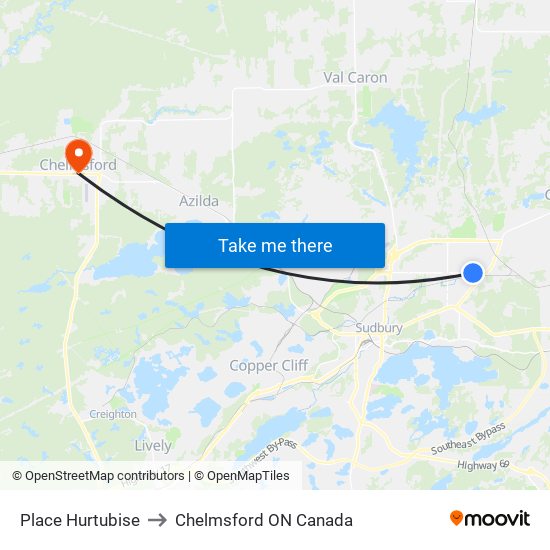 Place Hurtubise to Chelmsford ON Canada map