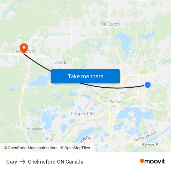 Gary to Chelmsford ON Canada map