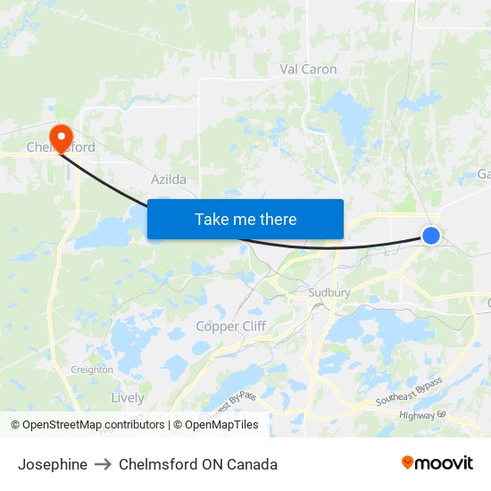 Josephine to Chelmsford ON Canada map