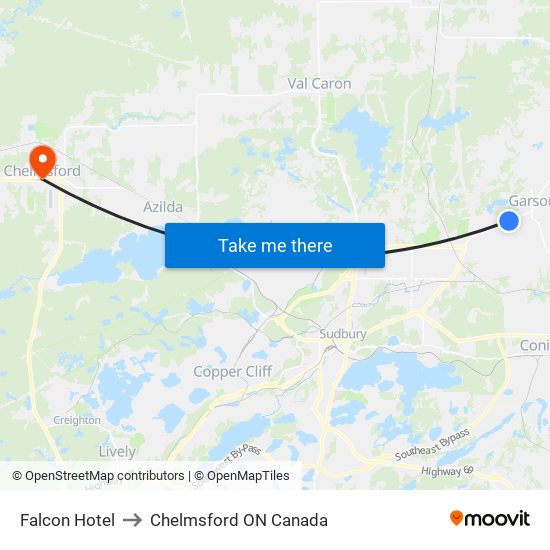 Falcon Hotel to Chelmsford ON Canada map