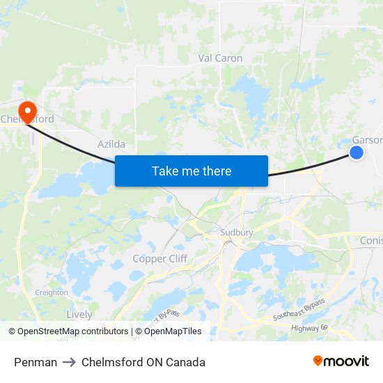 Penman to Chelmsford ON Canada map