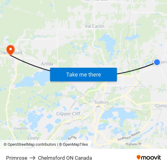 Primrose to Chelmsford ON Canada map