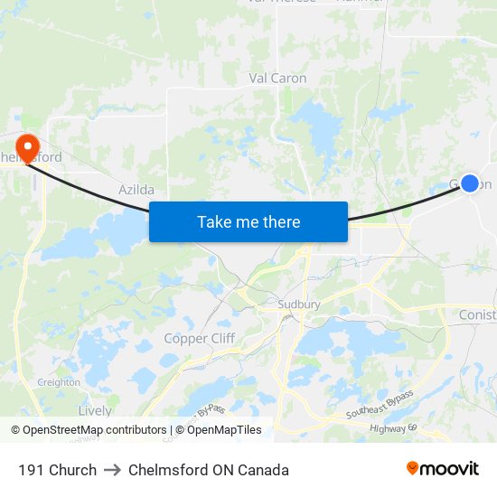 191 Church to Chelmsford ON Canada map