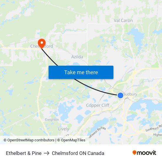 Ethelbert & Pine to Chelmsford ON Canada map