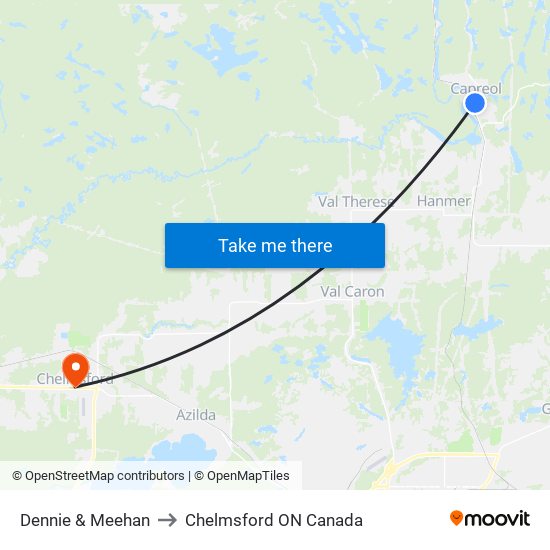 Dennie & Meehan to Chelmsford ON Canada map