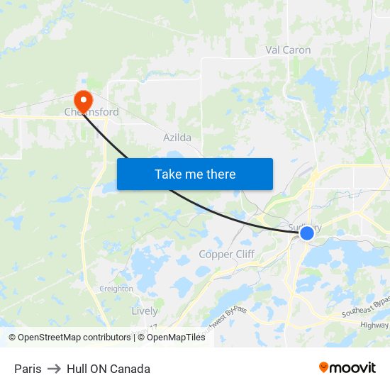 Paris to Hull ON Canada map