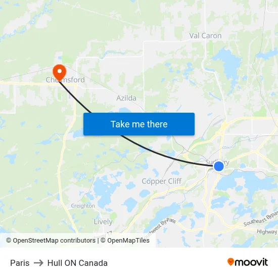 Paris to Hull ON Canada map