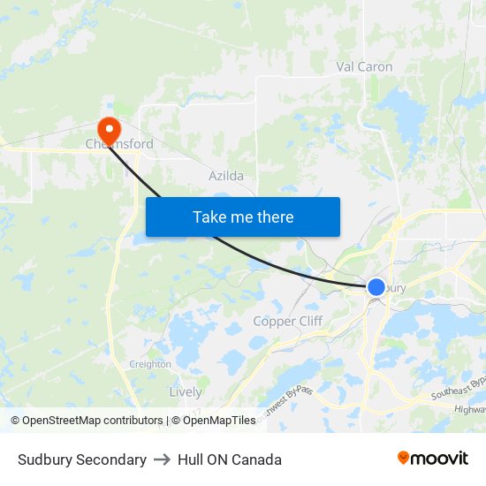 Sudbury Secondary to Hull ON Canada map