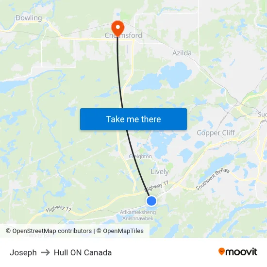 Joseph to Hull ON Canada map