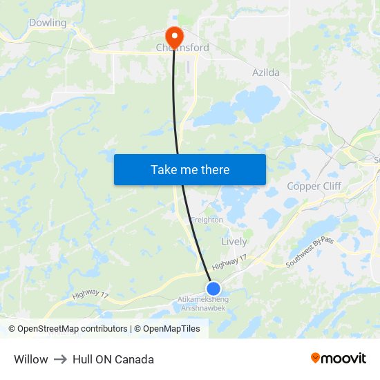 Willow to Hull ON Canada map