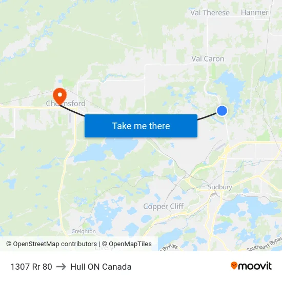 1307 Rr 80 to Hull ON Canada map