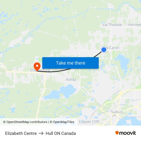 Elizabeth Centre to Hull ON Canada map