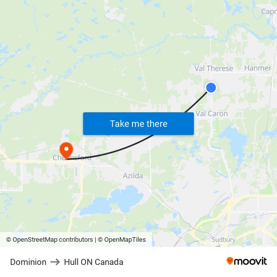 Dominion to Hull ON Canada map