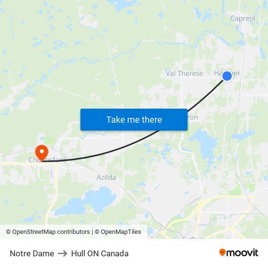 Notre Dame to Hull ON Canada map