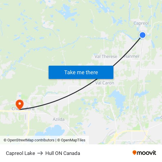 Capreol Lake to Hull ON Canada map