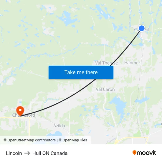 Lincoln to Hull ON Canada map