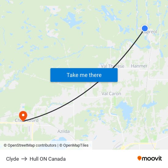 Clyde to Hull ON Canada map