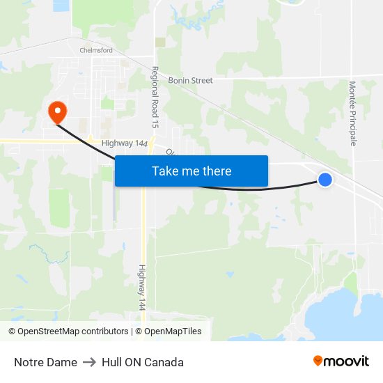 Notre Dame to Hull ON Canada map