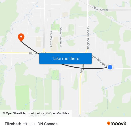 Elizabeth to Hull ON Canada map