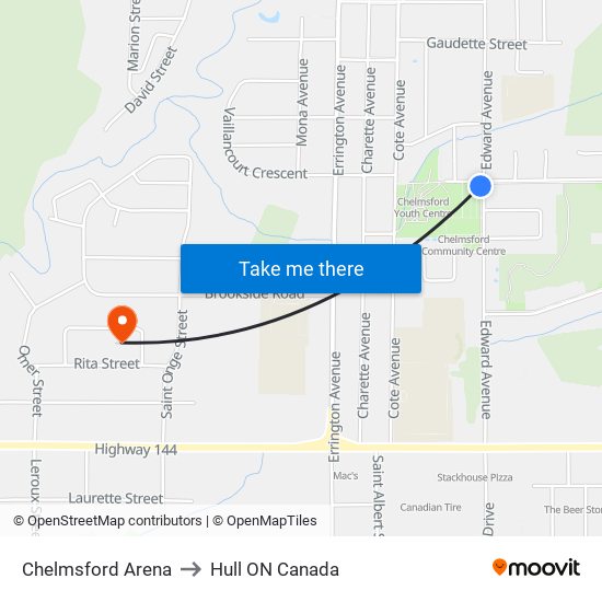 Chelmsford Arena to Hull ON Canada map