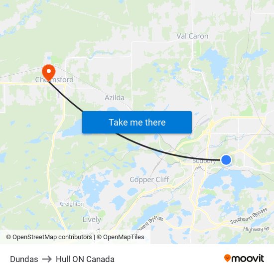 Dundas to Hull ON Canada map