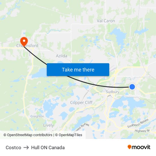 Costco to Hull ON Canada map