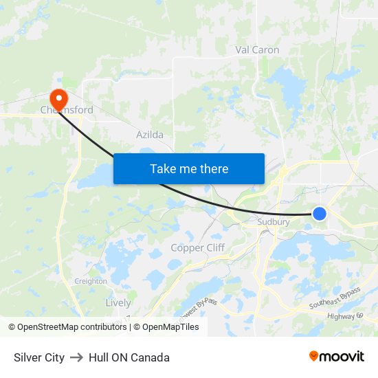 Silver City to Hull ON Canada map