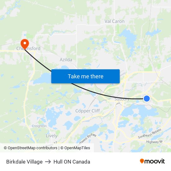 Birkdale Village to Hull ON Canada map