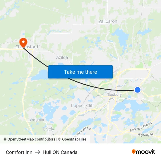 Comfort Inn to Hull ON Canada map