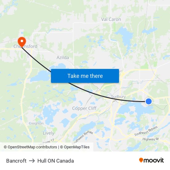 Bancroft to Hull ON Canada map