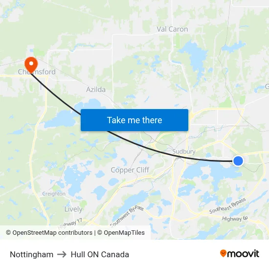 Nottingham to Hull ON Canada map